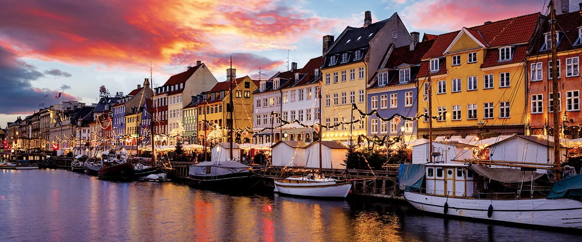 The Nyhavn District of Copenhagen illuminated with Christmas lights